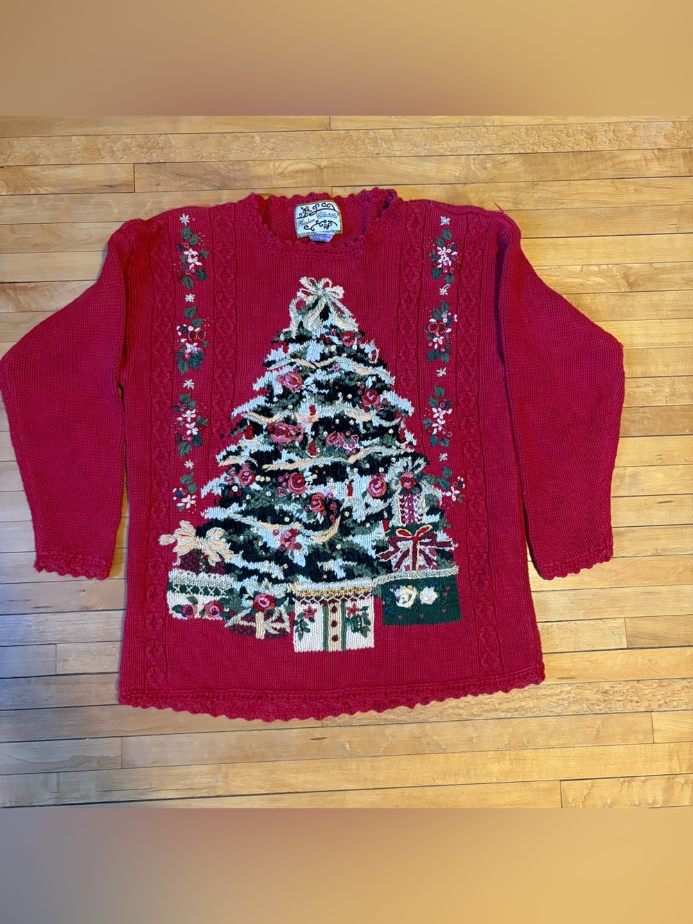 Vintage Red Embroidered Christmas Tree Crewneck Sweater